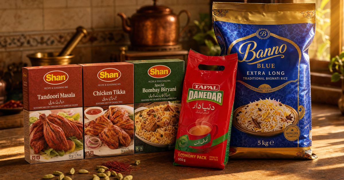 Pakistani grocery online from Sohni Spices - Shan masala, Tapal chai and Banno rice on a kitchen counter