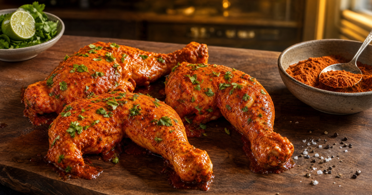 Halal chicken tikka from Sizzlers - ready-to-cook marinated chicken on a wooden board