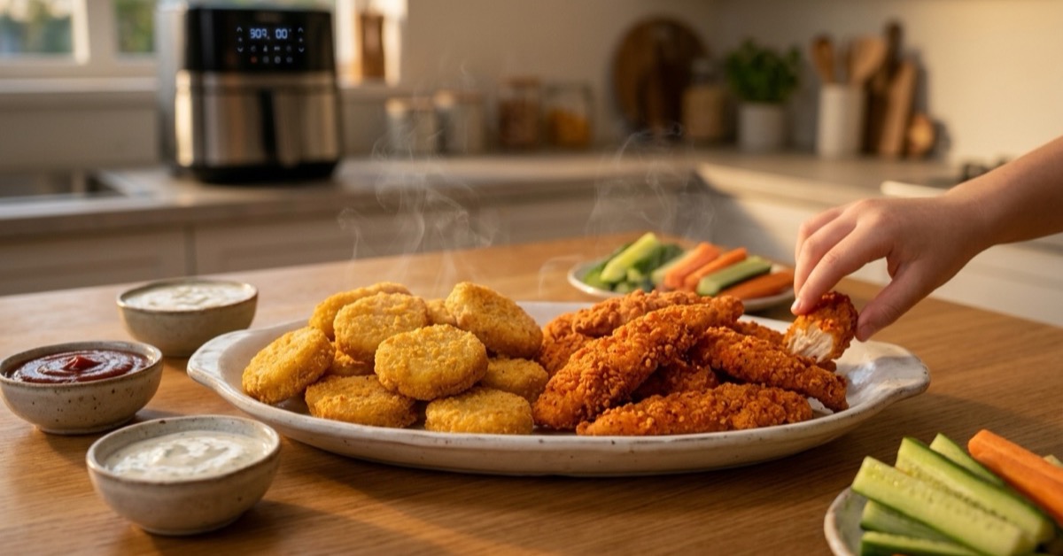 Halal chicken nuggets and spicy chicken tenders on a plate with dips