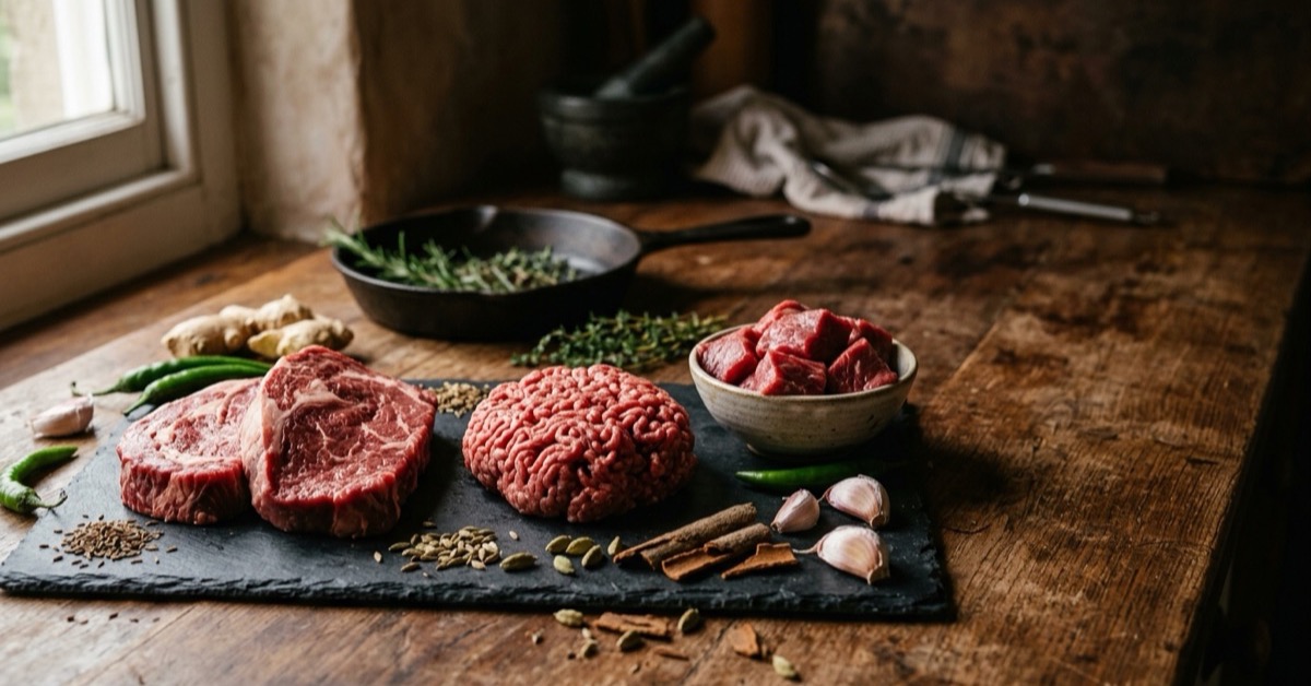 Raw halal beef steak, beef mince and beef cubes on a slate board in Berlin