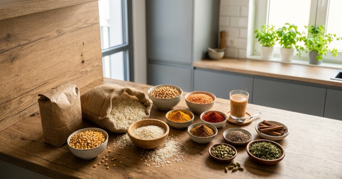 Pakistanische und indische Lebensmittel wie Basmati-Reis, Atta, Daal und Gewürze in einer Küche