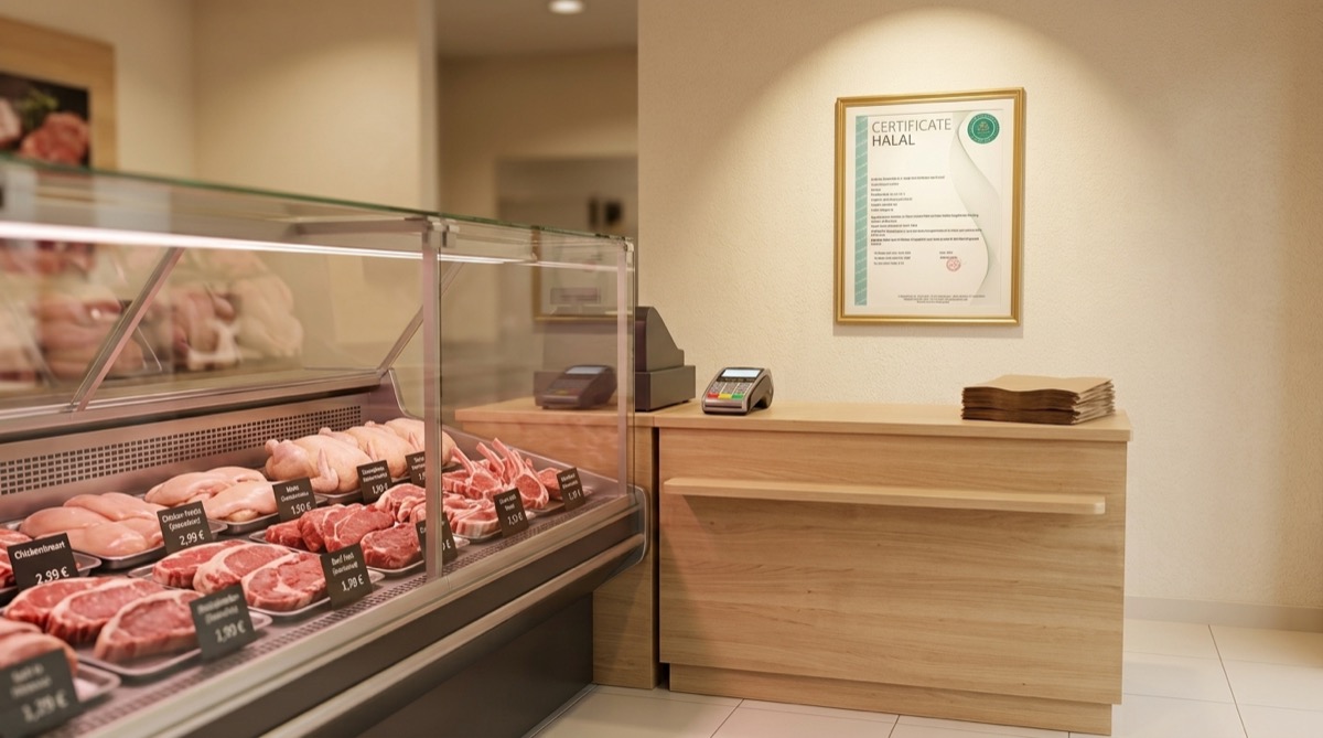Halal certification framed on the wall behind the counter of a halal meat shop in Germany